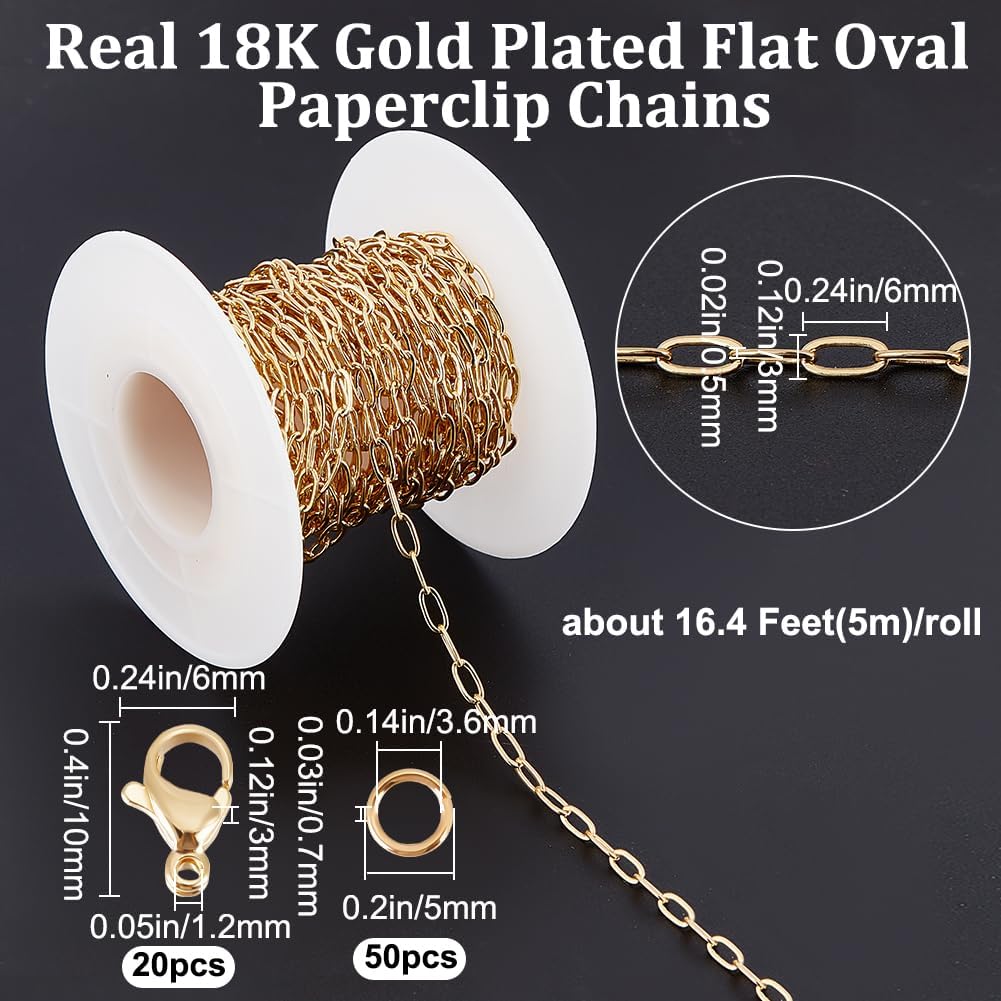 Beebeecraft 1 Box 5M Flat Oval Paperclip Chains 18K Gold Plated Brass 6mm Oval Chunky Link Necklace with 20Pcs Lobster Claw Clasps 50Pcs Jump Rings for Jewelry Making