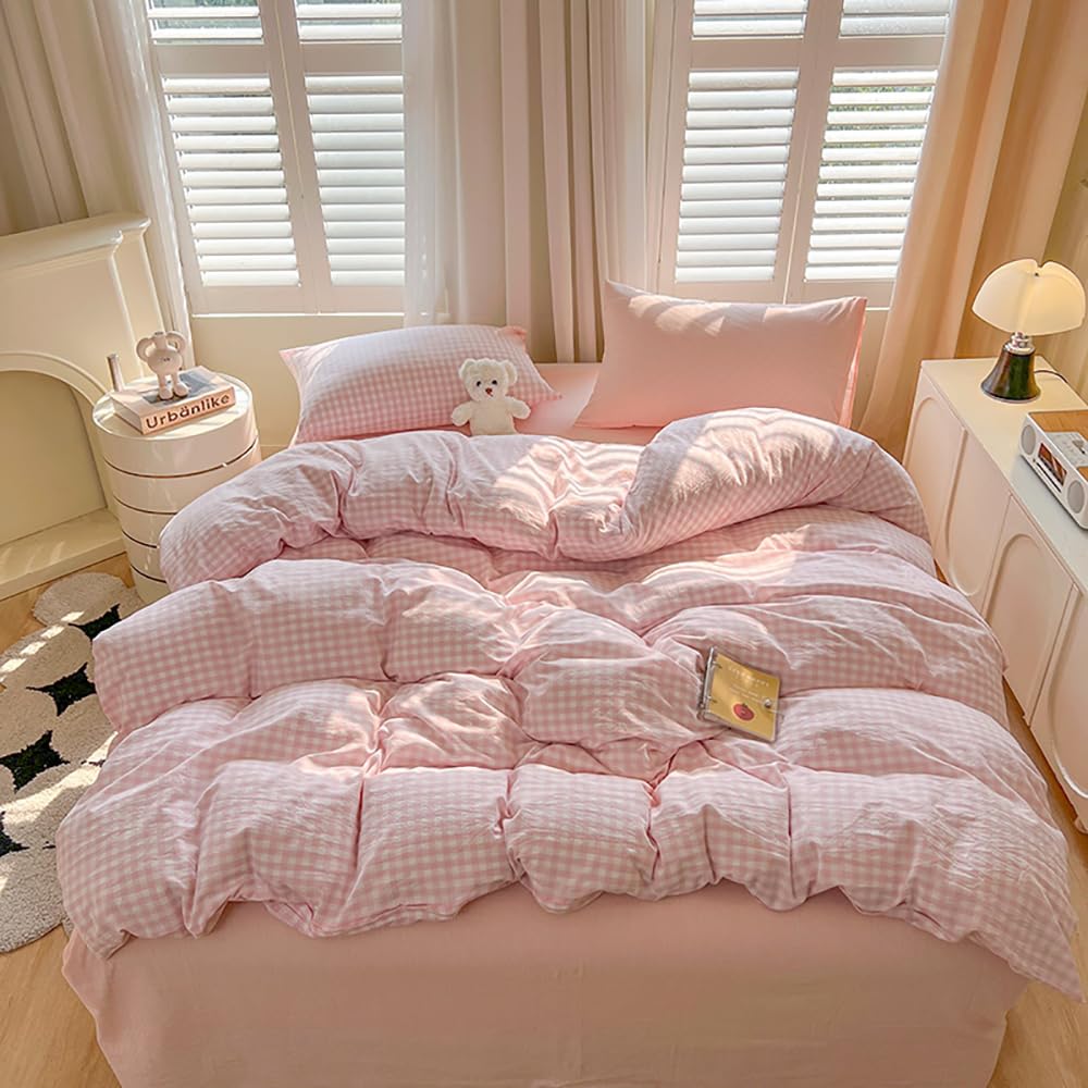 Funda de edredón de 220 x 240 cm, diseño de cuadros, color rosa y blanco, moderno, juego de cama para adultos, 2 personas, funda nórdica de microfibra, ropa de cama con cremallera y 2