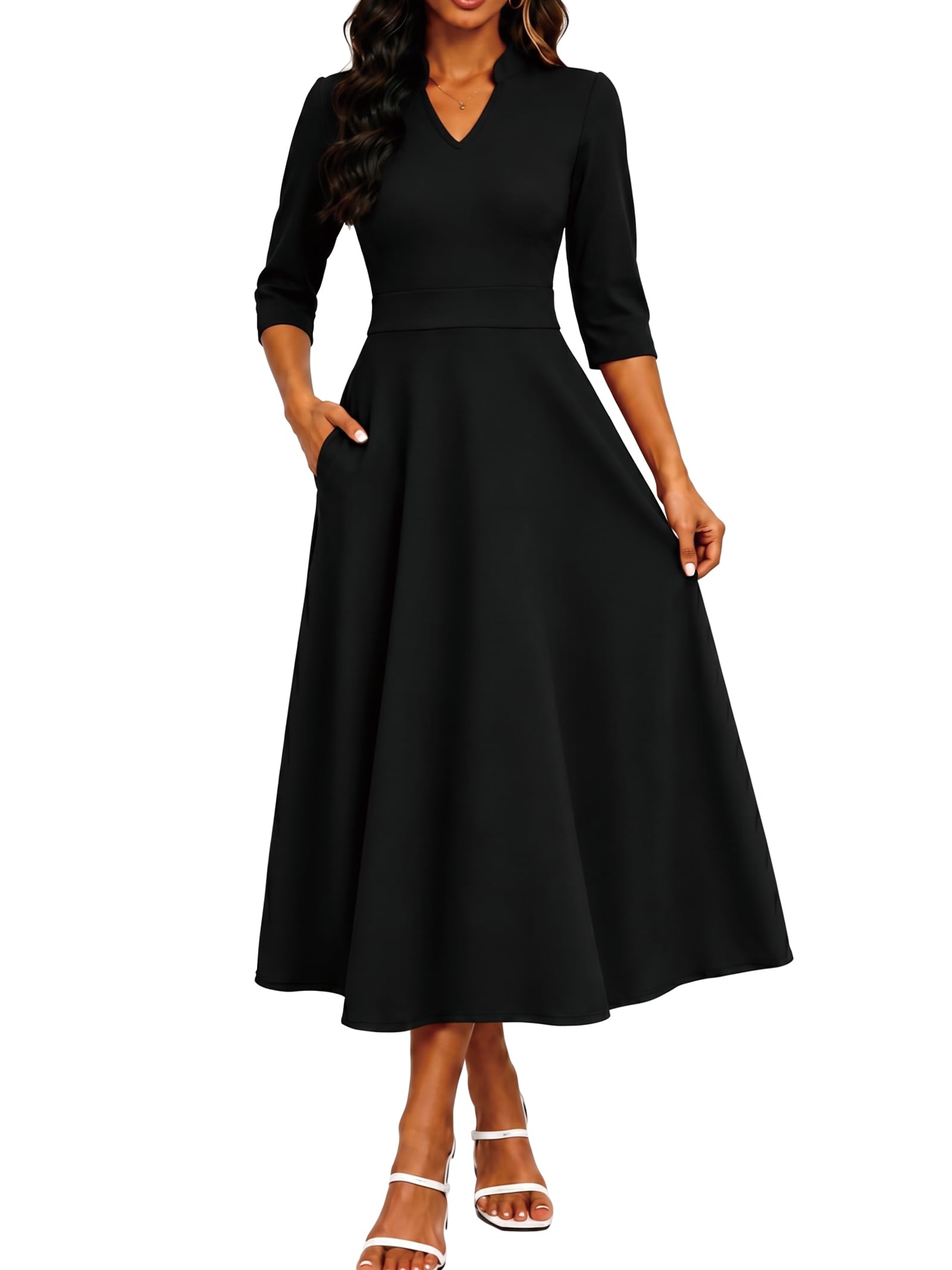 Womens 3/4 Sleeve V-Neck Midi Dress with Pockets A-Line Fit and Flare Tea Length Modest Formal Wedding Guest Church