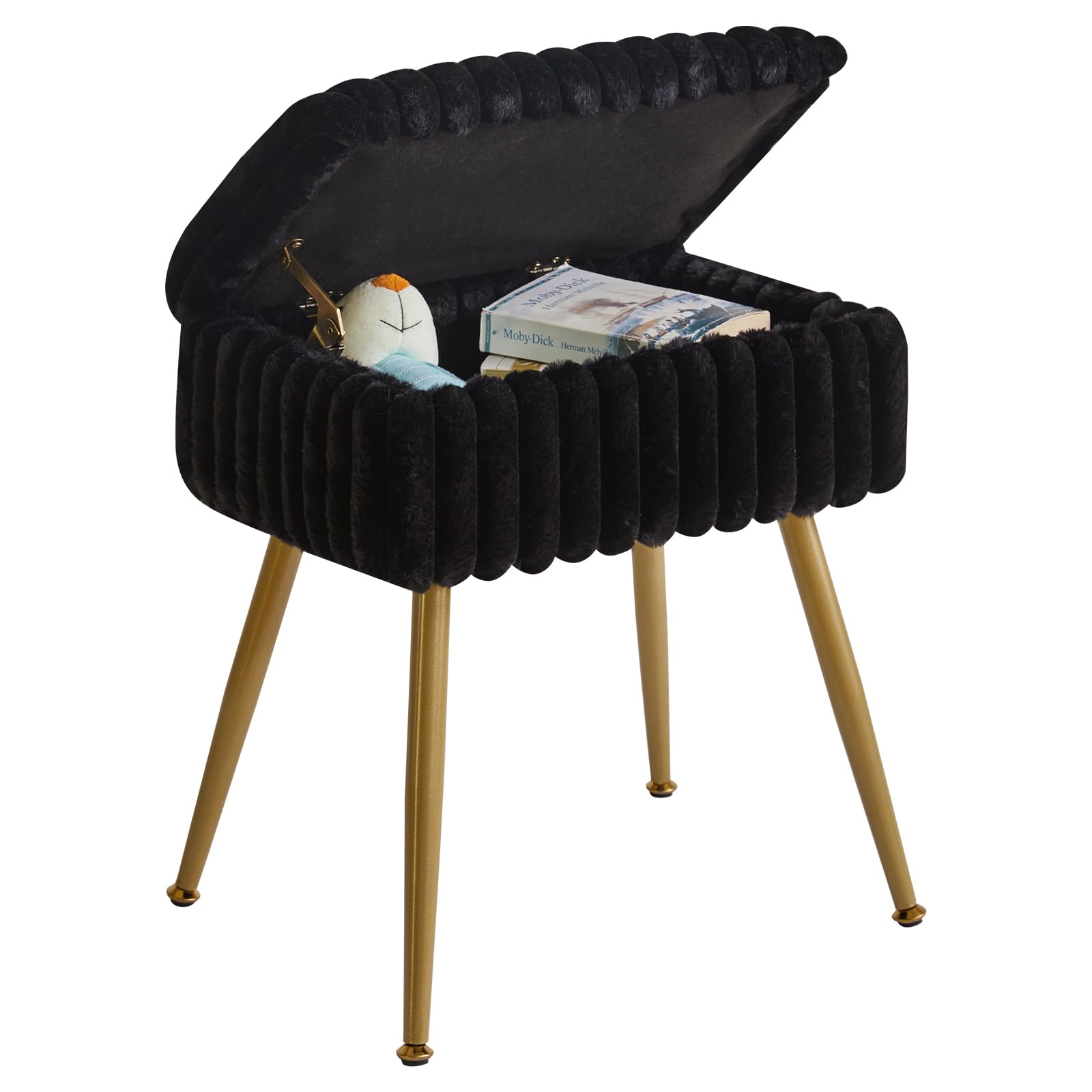 Velvet Rectangular Makeup Stool with 4 Metal Legs, Chair Dressing Table Makeup Vanity Stool for Living Room, Bedroom, Black YD-MS151B