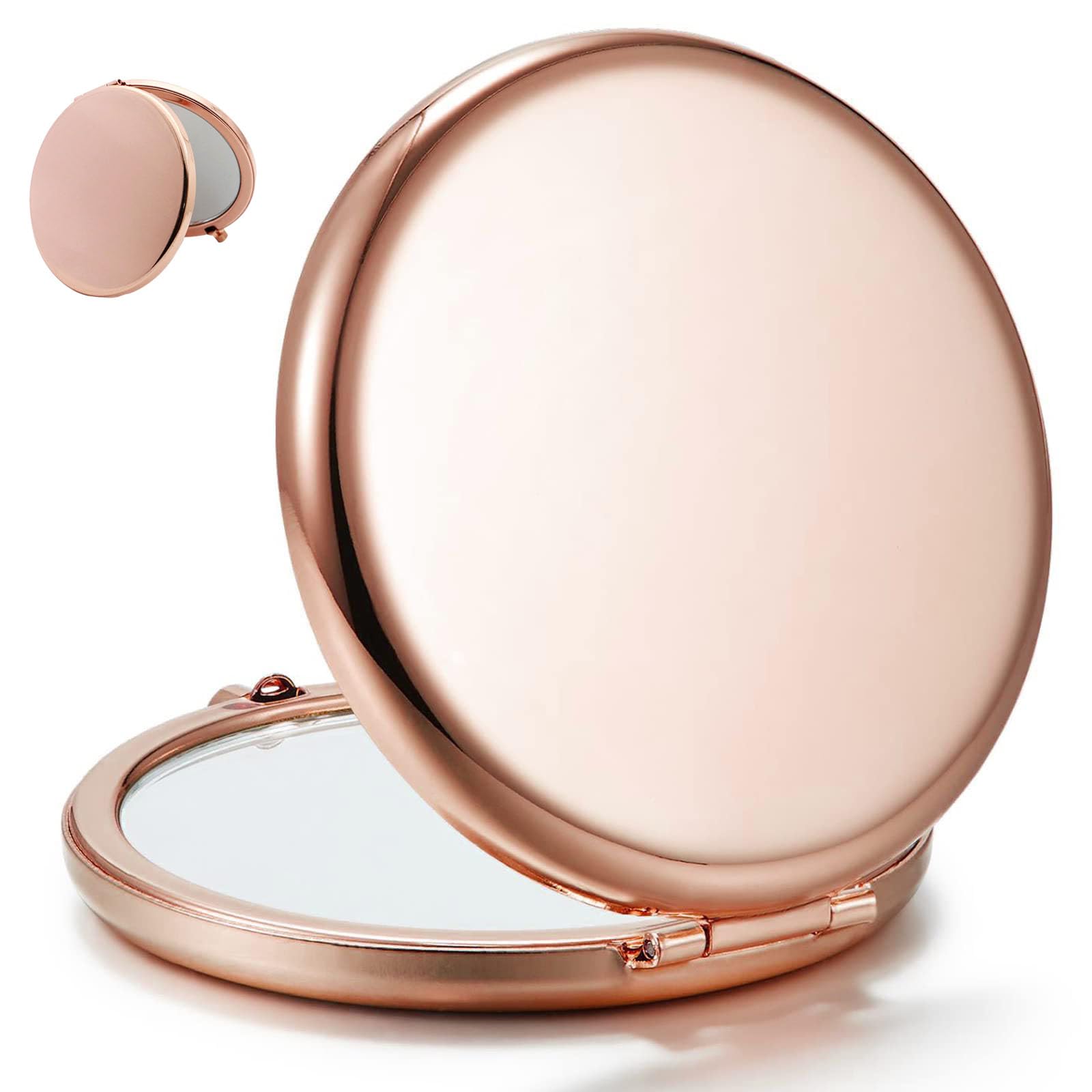 Sweet sevenRose Gold Compact Mirror for Purse, Double-Sided 1X/2X Magnifying Metal Pocket Makeup Mirrors