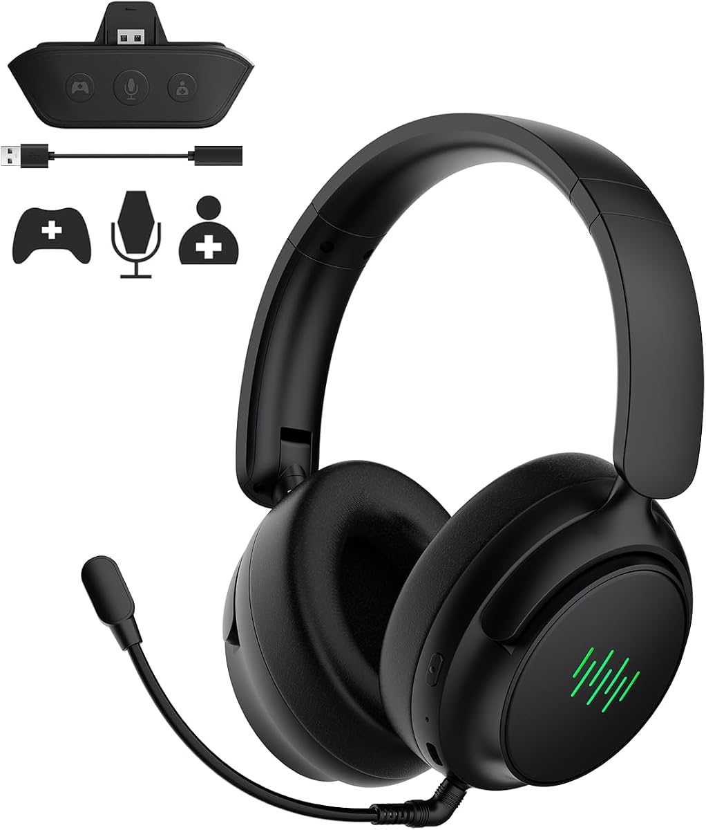 Auriculares inalámbricos para juegos para Xbox Series X|S, Xbox One, PC, PS5/4, Mac, Nintendo Switch, equilibrio de juego/chat, 2,4 GHz/Bluetooth 5.2, micrófono ENC y sonido envolvente 7.1 (LED verde)