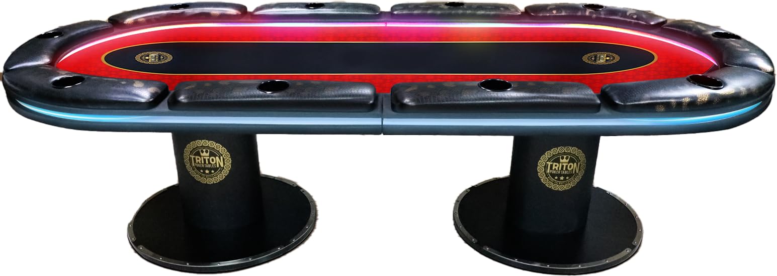 Triton Foldable 10 Player Poker Table with LED Lights – Foldable Casino Table with Cushioned Armrests, and Cup Holders – Signature Red Poker Table for Home