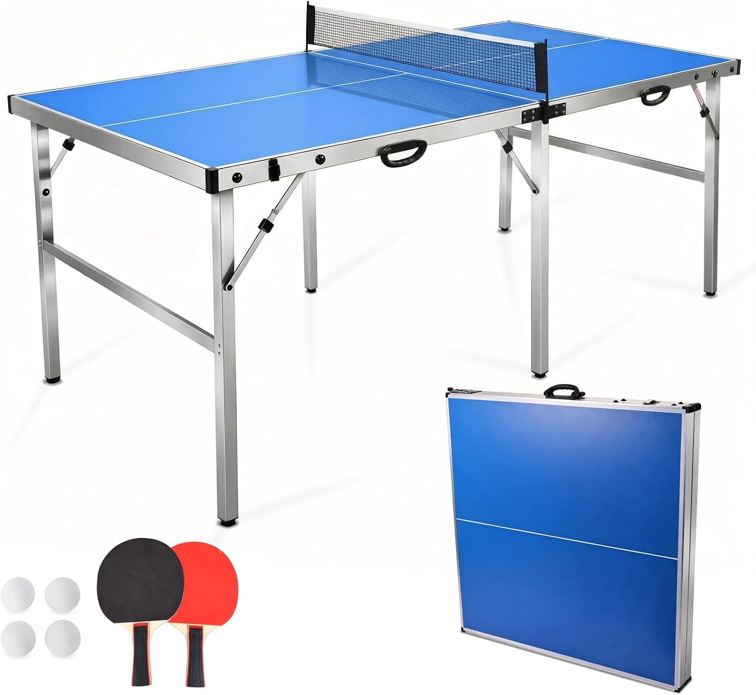 6ft Folding Ping Pong Table Set, Portable Table Tennis Table for Indoor/Outdoor Family Games, Includes Net, 2 Paddles & 4 Balls, Blue