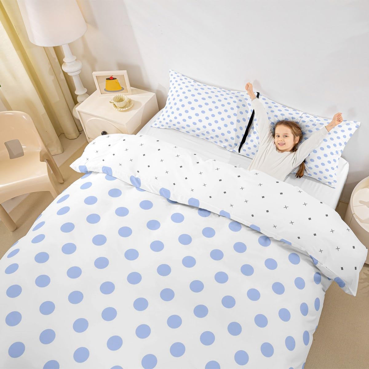 Manfei Blue Polka Dots Duvet Cover,Geometric Circles Purple White Simple Art Quilt Cover(No Filler),French Style Dots Cartoon Cute Bedding Set with 2 Pillowcases,Boys Girls Room Decor,Full Size