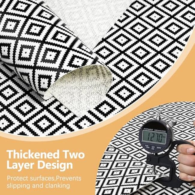 Drawer Shelf Liner Non Adhesive, Slip Resistant Easy to Clean Protect Kitchen Mats Thickened Strong Grip for Cabinet, Pantry, Tool Box, Cupboard, Dresser, Bathroom (Black and White, 12 in x 10 FT)