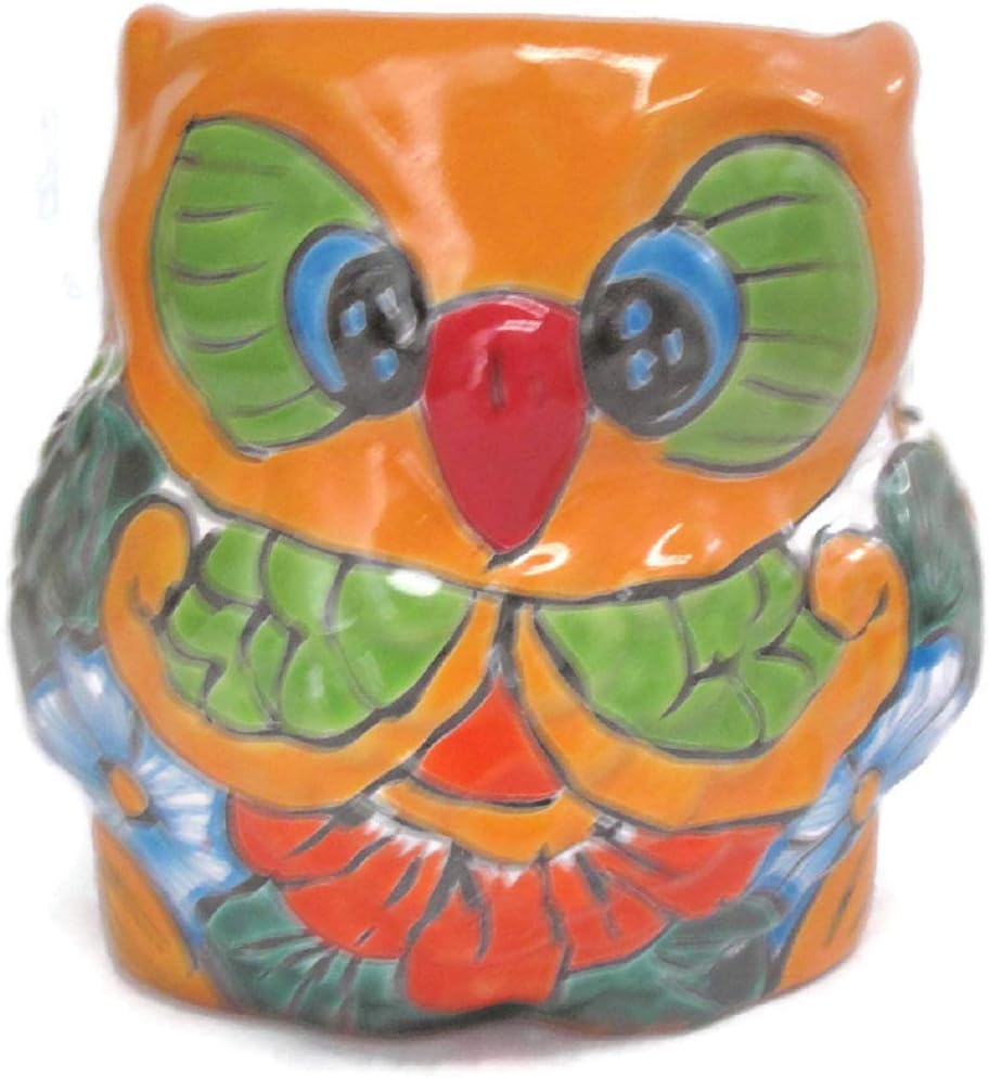 Owl Planter Small Bird Hand Painted Indoor Outdoor Multi Colored Figure Glazed Orange