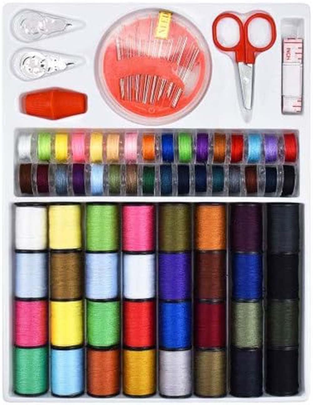 SWIUKPHE Sewing Thread Tools Kit, 64 Rolls Machine Thread Spools and Sewing Bobbins, Sewing Accessories with Scissors, Thimble, Threader, Tape Measure and 30pcs Needles, Multi-Color