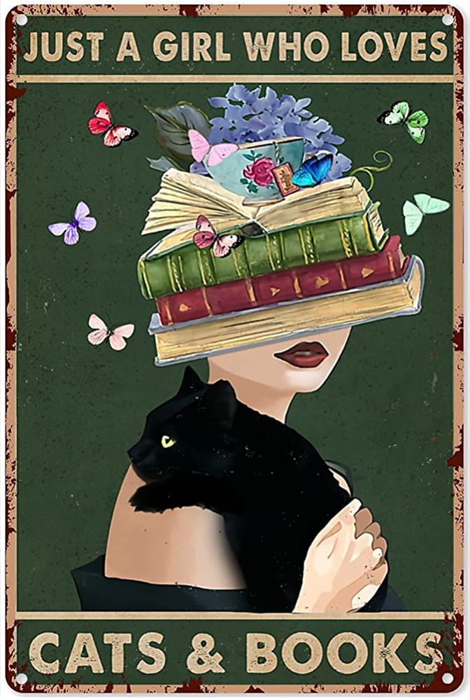 Vintage Cat Girl Book Metal Signage Metal Tin Sign Kitchen Pub Funny Novelty Coffee Bar 5.5x8inch Yard Garden Farm Man Cave