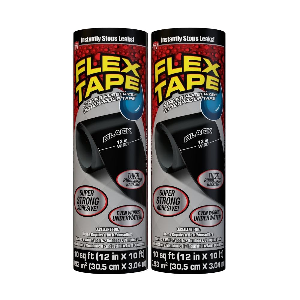 Flex Tape, Original Thick Flexible Rubberized Waterproof Tape - Seal and Patch Leaks, Works Underwater, Indoor Outdoor - Home RV Roof Plumbing and Pool Repairs, Black, 12 in x 10 ft, Pack of 2