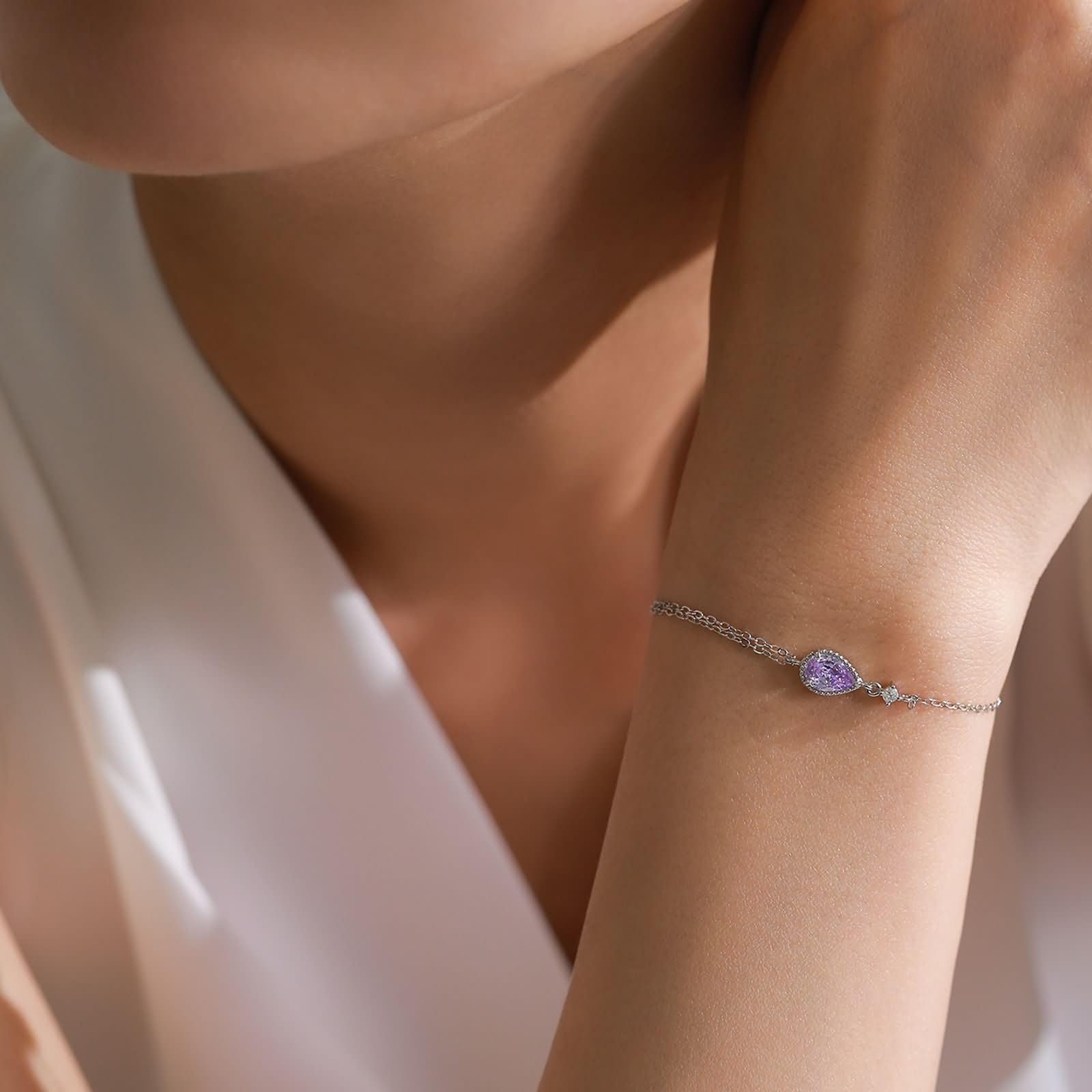 Bransoletka damska z wisiorkiem w kształcie kropli wody, z ametystem i diamentem, bransoletka w kolorze różowego złota z kamieniami, 9K/14K/18K białe złoto