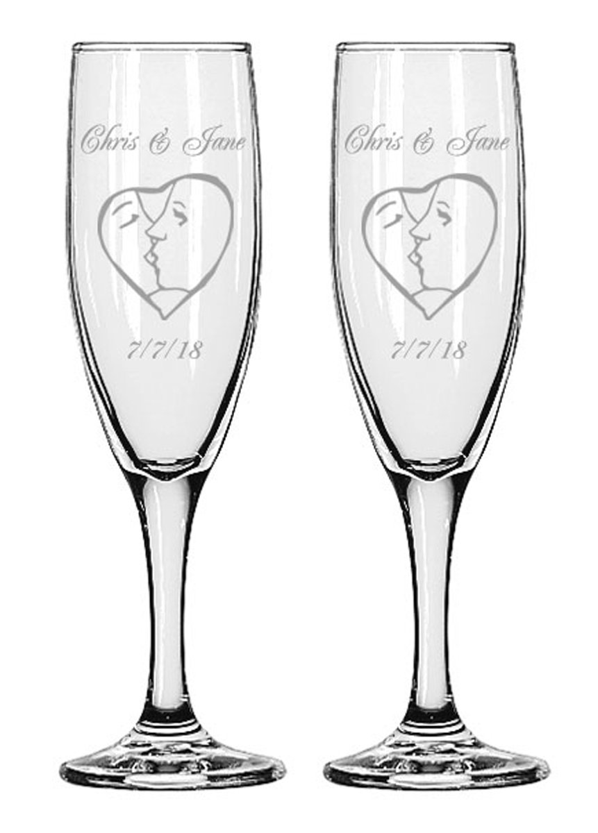 GIFTS INFINITY® Engraved Wedding Heart With Kisses Champagne Flutes Set of 2 Personalized Toasting Glasses - Valentine's Day Gift (Fl-16)