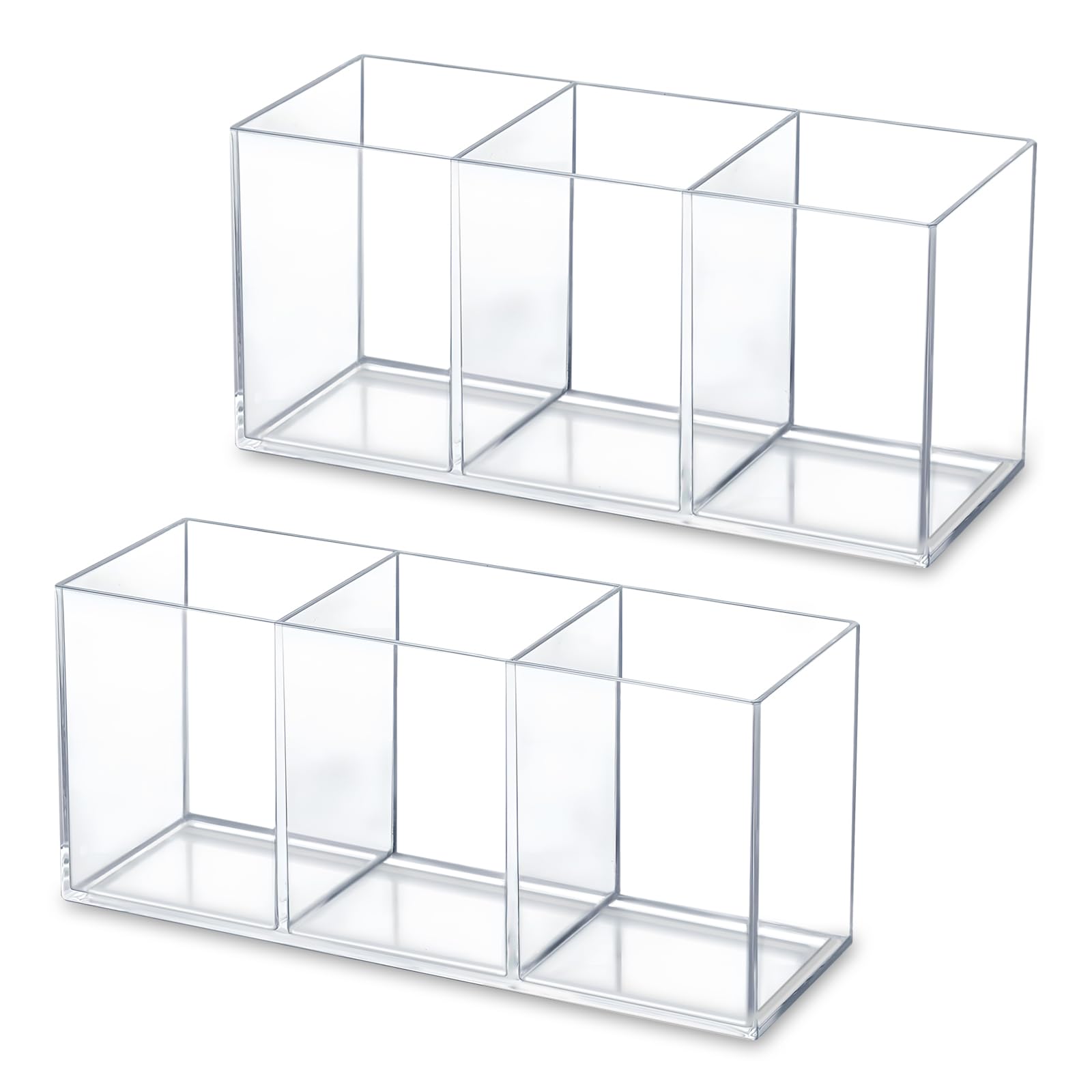 Thatyro 2 Pack Clear Makeup Brush Holder, 3 Compartment Pen Organizer, Acrylic Silverware Caddy for Storage Desk Vanity Pencil Utensil Marker Cutlery (Clear)
