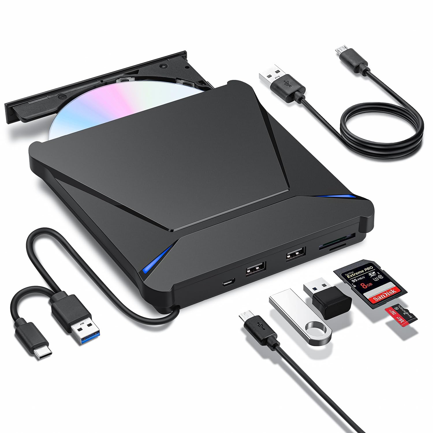 Haiway External DVD Drive, USB 3.0 Type-C Portable CD DVD Drive Burner Player Reader Writer with 2 USB 3.0 Ports and TF/SD Card Slots, Optical Disk