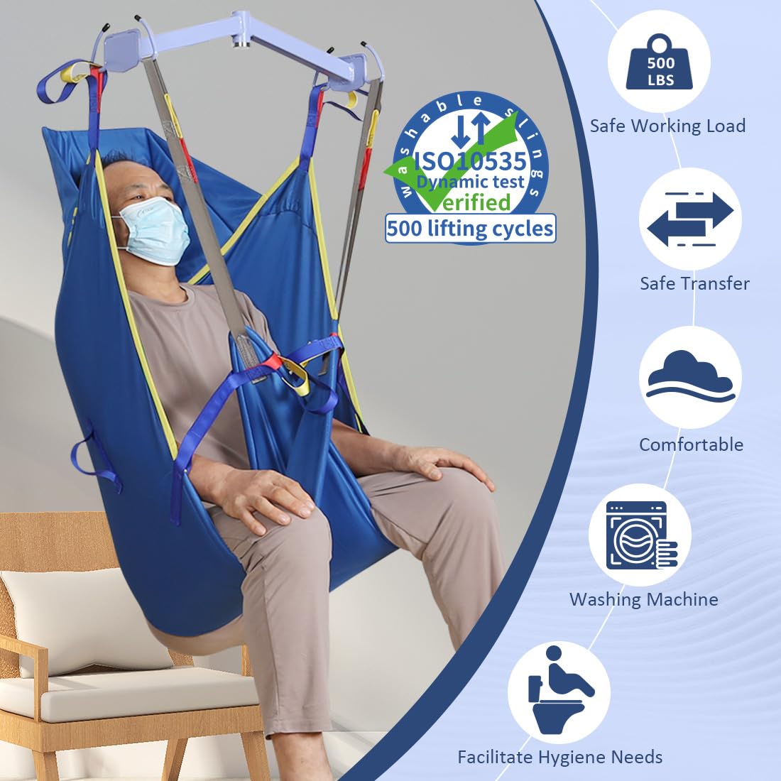 EZ Assistive Patient Lift Universal Padded Sling with Head Support, Lift U-Sling for Patient Transfer and Reposition Home Use, 500lbs (Blue, Large) — Amazon image 7