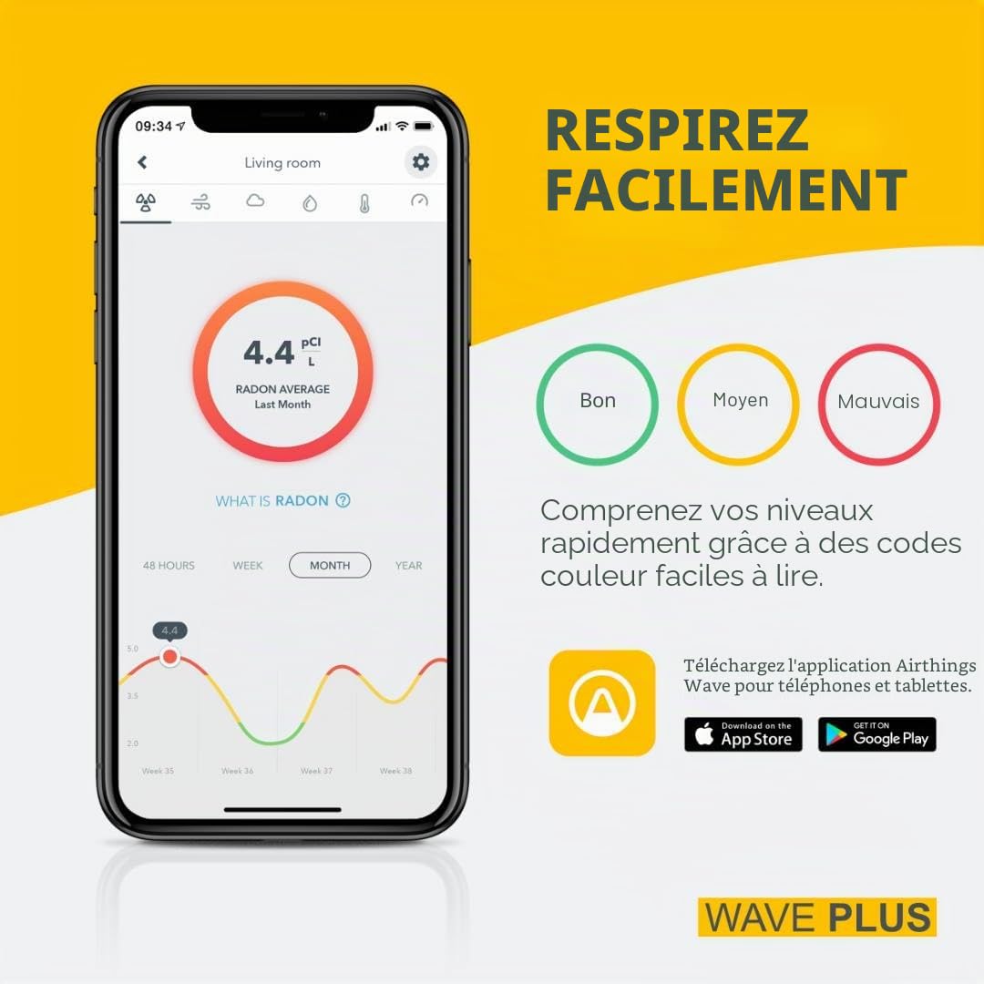 Airthings 2930 Wave Plus - Détecteur de Radon et de la Qualité de l’Air avec Détecteur de CO2, COV, Pression Atmosphérique, Humidité et Température