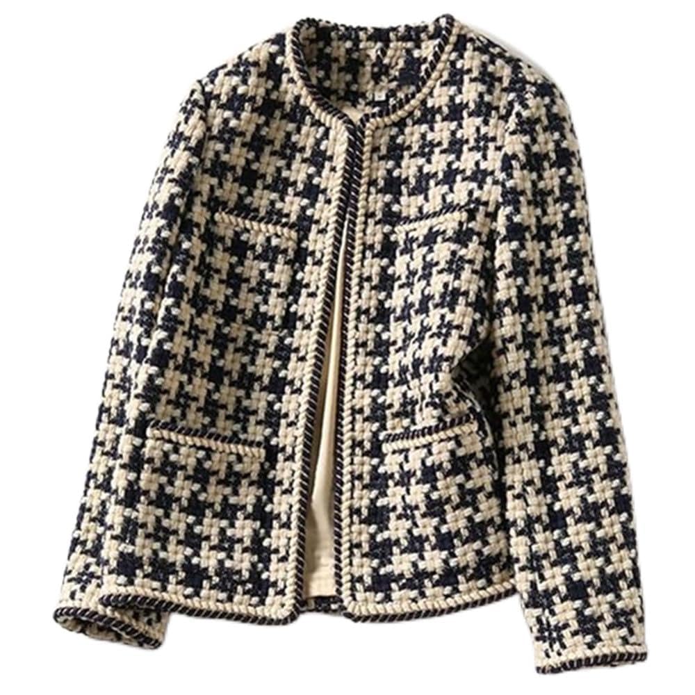 Womens Tweed Blazer Long Sleeve Jacket Womens Fall Winter Trendy Elegant Business Casual Plaid Jacket Office Coat Suit