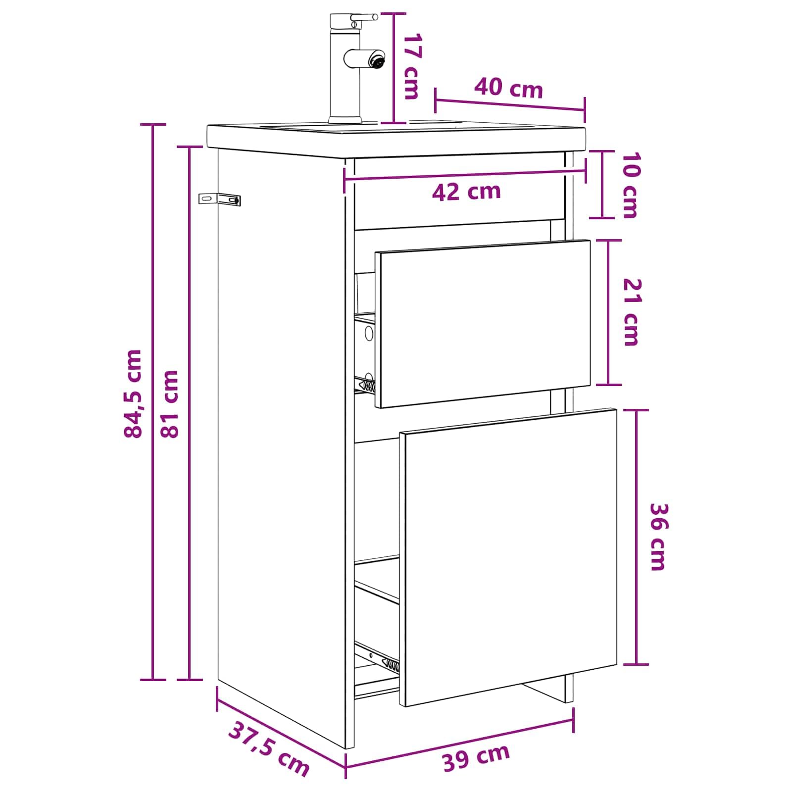 Mueble de baño con lavabo, roble Sonoma, moderno mueble de baño con 2 cajones de madera de 42 x 40 x 84,5 cm para baño de invitados y baños pequeños