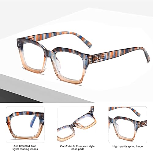 Miniatura 4 de Hubeye 3 pares de gafas retro de gran tamaño con marco grande anti-azul para hombres y mujeres, cuadrados, estilo Oprah, bloqueo de luz azul, lector