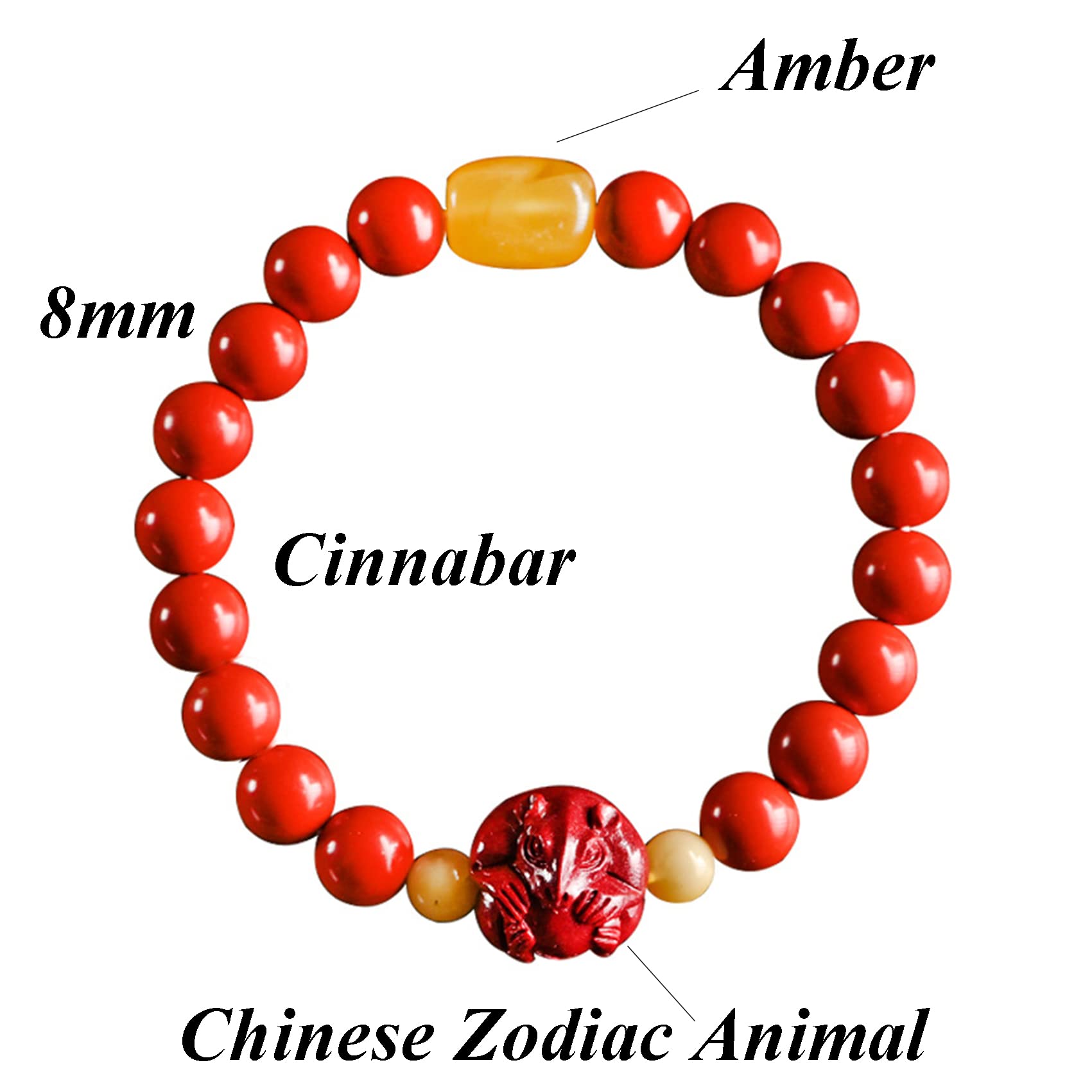 YDYDTTKD Bracciale con Pietre preziose Naturali, Braccialetto Cinese con Pietra Animale cinabro, amuleto da 8 mm, ricchezza, buona Fortuna, Quarzo Rosso, Anno di