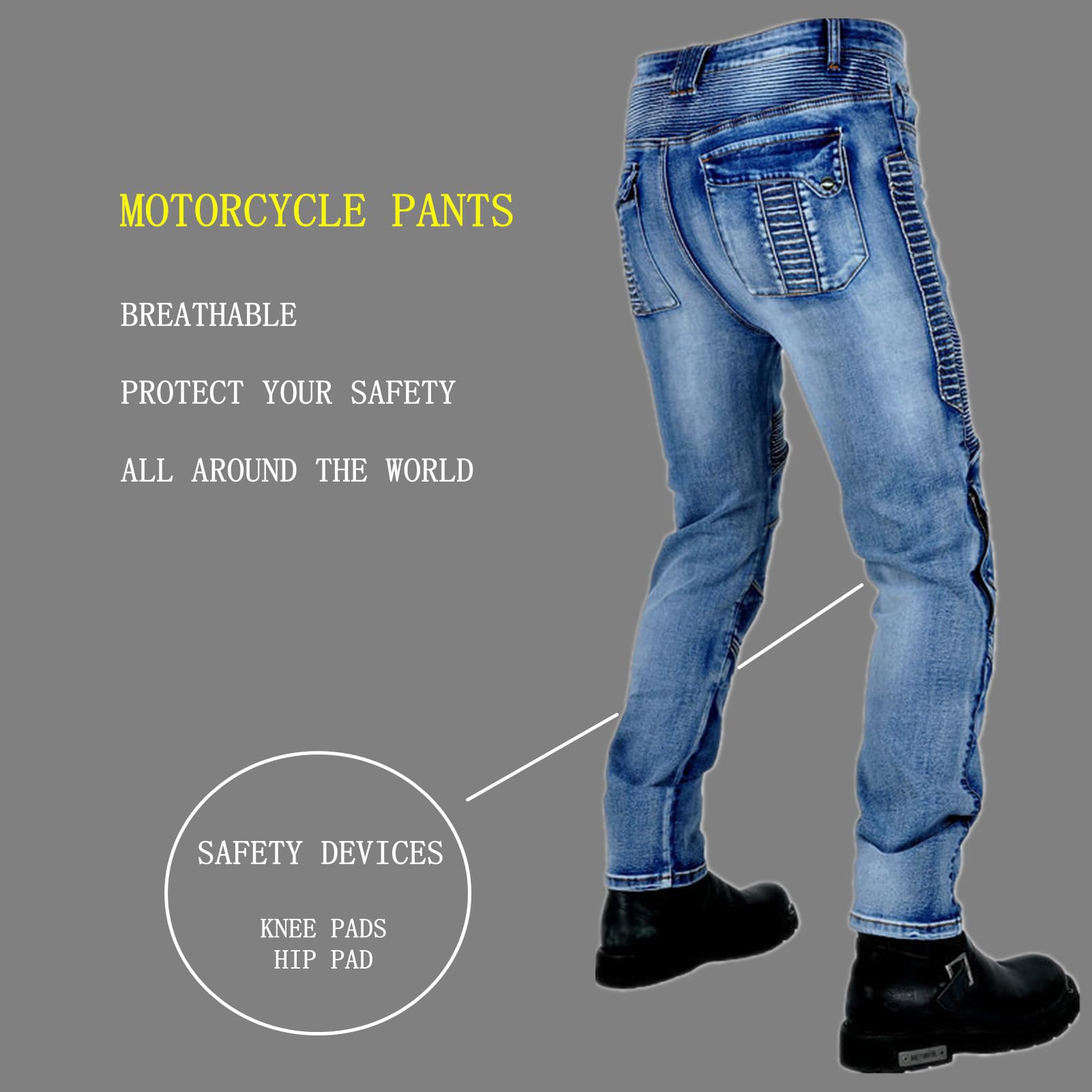 Jeans da Moto da Uomo Pantaloni da Motociclista in Denim Impermeabili Protezione Impermeabile Pantaloni da Moto da Ciclismo Jeans da Motociclista Elasticizzati con 4 Protezioni (Blu,4XL)