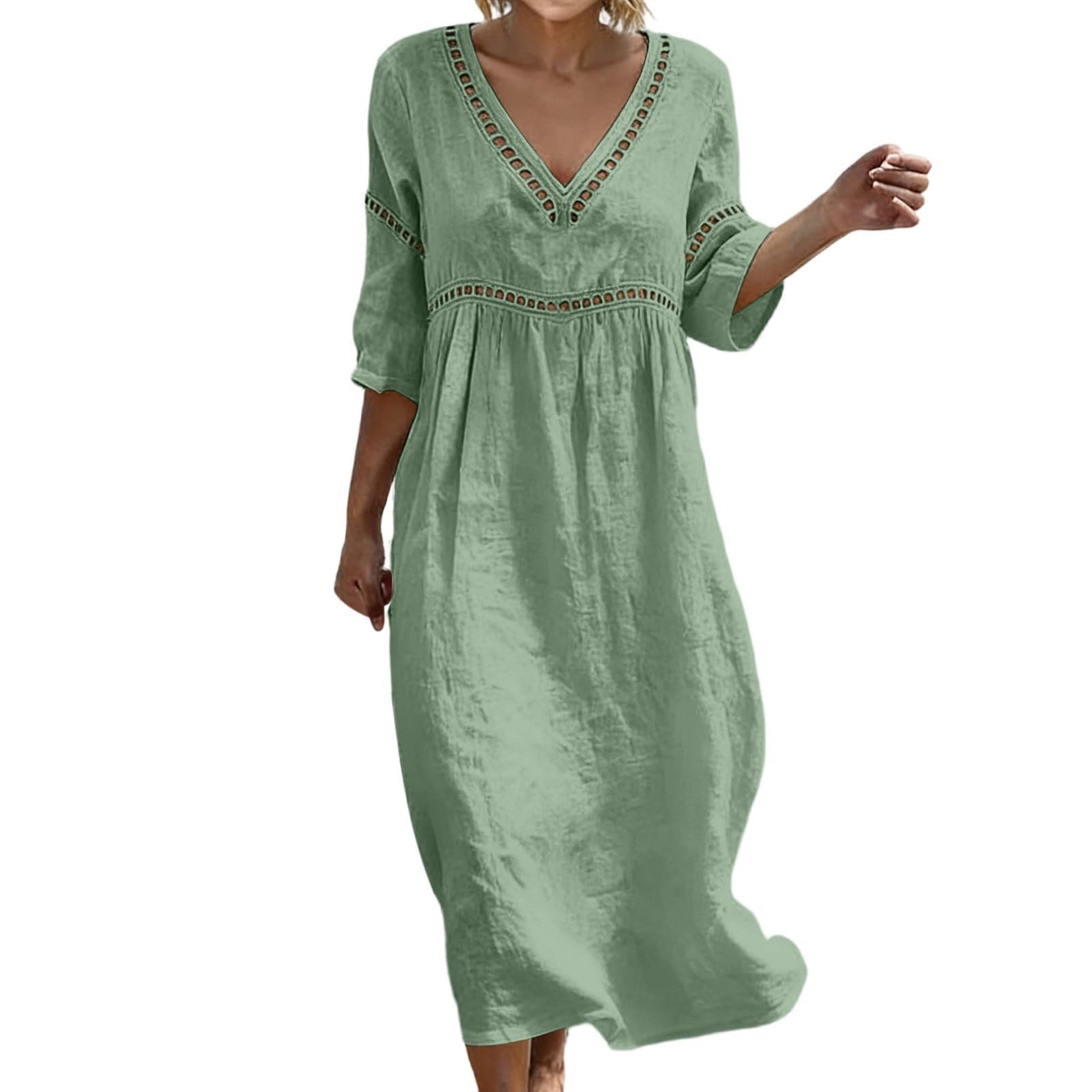 Damen Musselin Kleid Sommer V-Ausschnitt Luftige Midikleid Lockeres Midikleider Leicht Und Luftig Sommerkleid Sommer Musselinkleid Elegant Sommerkleider Midi Bohemian Style Hauskleid