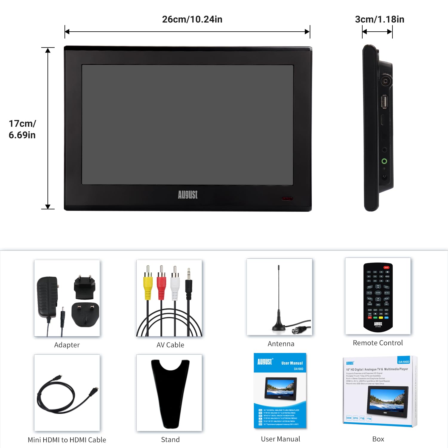 August DA100D Przenośny TV Freeview HD 10.1" z nagrywarką i odtwarzaczem | Nagrywarka PVR z Timeshift pauzą i przewijaniem, HDMI/AV, zasilanie sieciowe, AA lub 12V do TV w kamperze