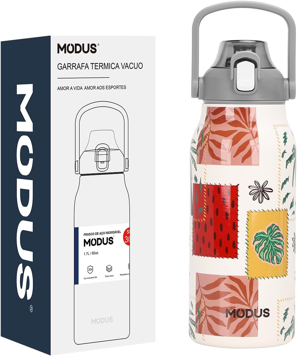 Garrafa Térmica de Aço Inox Dupla Parede 1,7 Litro Isolamento a Vácuo – Design com Estampa 3D em Relevo (Branco Praia Tropical)