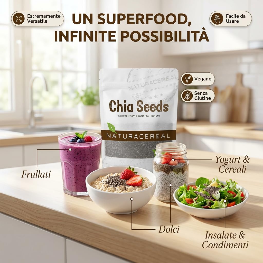 Naturacereal Semi di Chia 5kg - Crudo e 100% Naturali - Ricchi di Omega 3, Fibre e Proteine - Alimento Low-Carb e Superfood per Yogurt e Frullati - Qualità Premium Salvia Hispanica