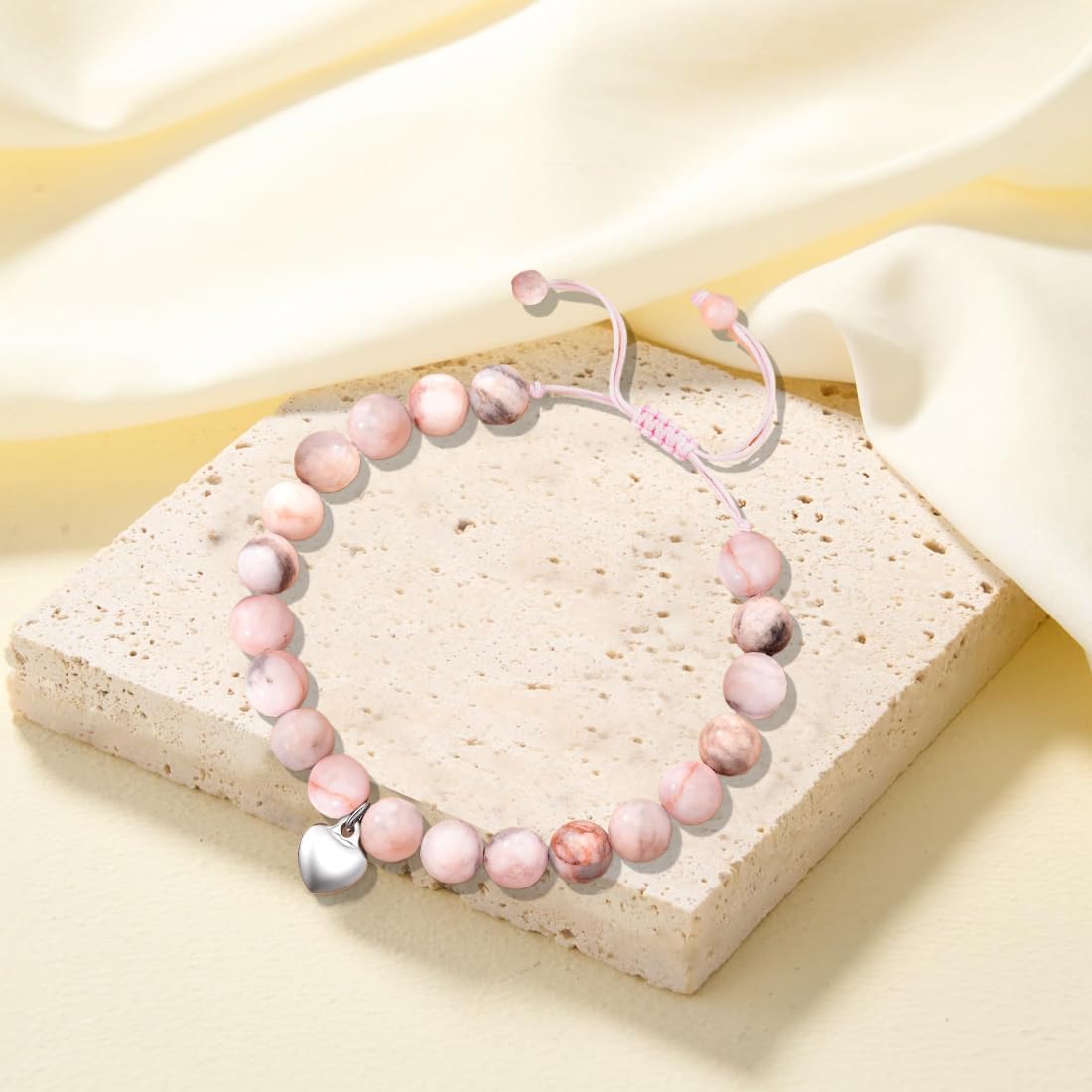 Bracelet En Pierre Naturelle RDNKVB - Perle Zèbre Rose - Carte Motivationale - Cadeau Pour Fille, Ado, Meilleure Amie
