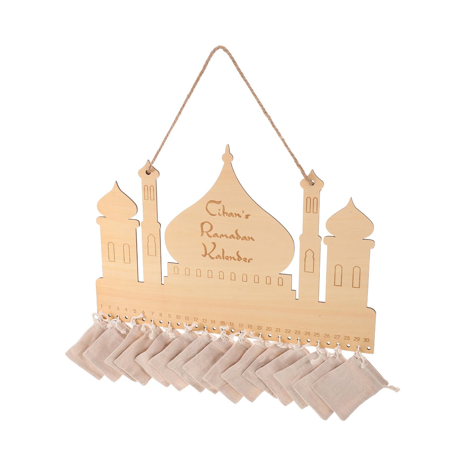Cabilock Calendario de Adviento de Ramadán para Niños de Madera con 30 Bolsillos, Diseño Castillo Oriental, Fácil Instalación en Pared para Adorno Eid Mubarak