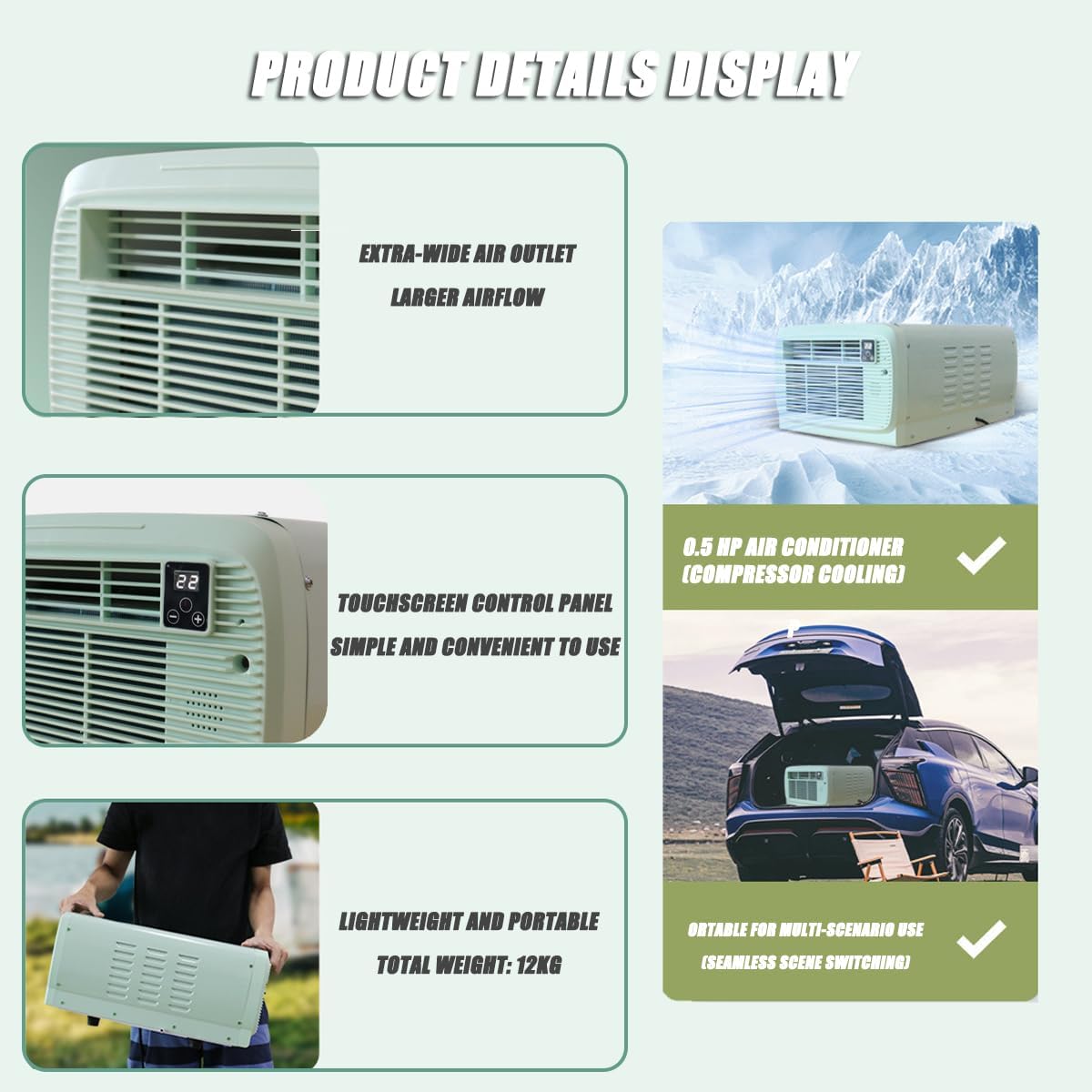 2200 BTU Przenośny klimatyzator z wężem wydechowym, wyświetlacz cyfrowy, niskie zużycie energii, idealny do kempingu, namioty, RV i sypialnie