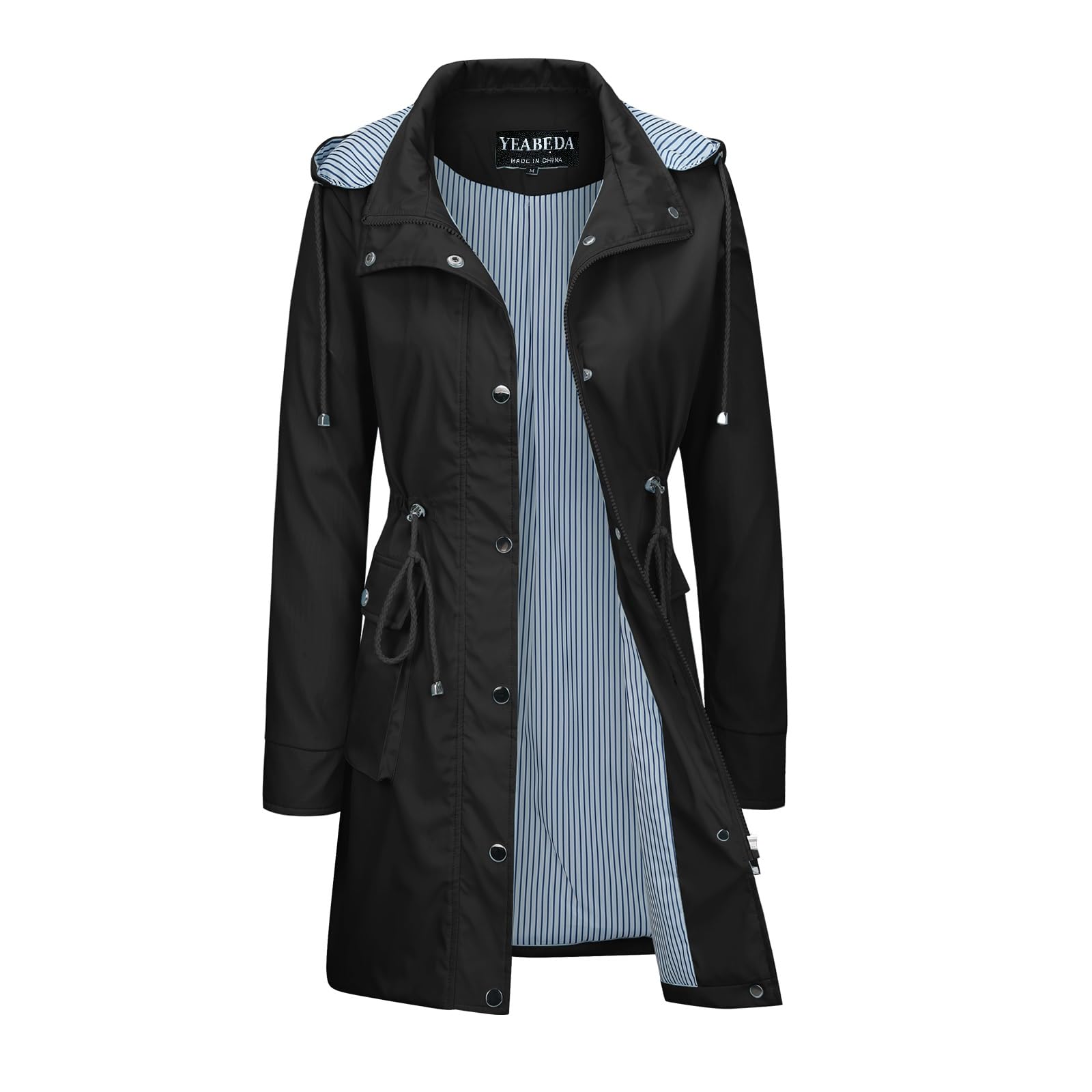 YEABEDA Womens Rain Trench Coat Waterproof with Hood Lightweight Raincoat Long Trench Raincoat Striped Lined Rain Jackets