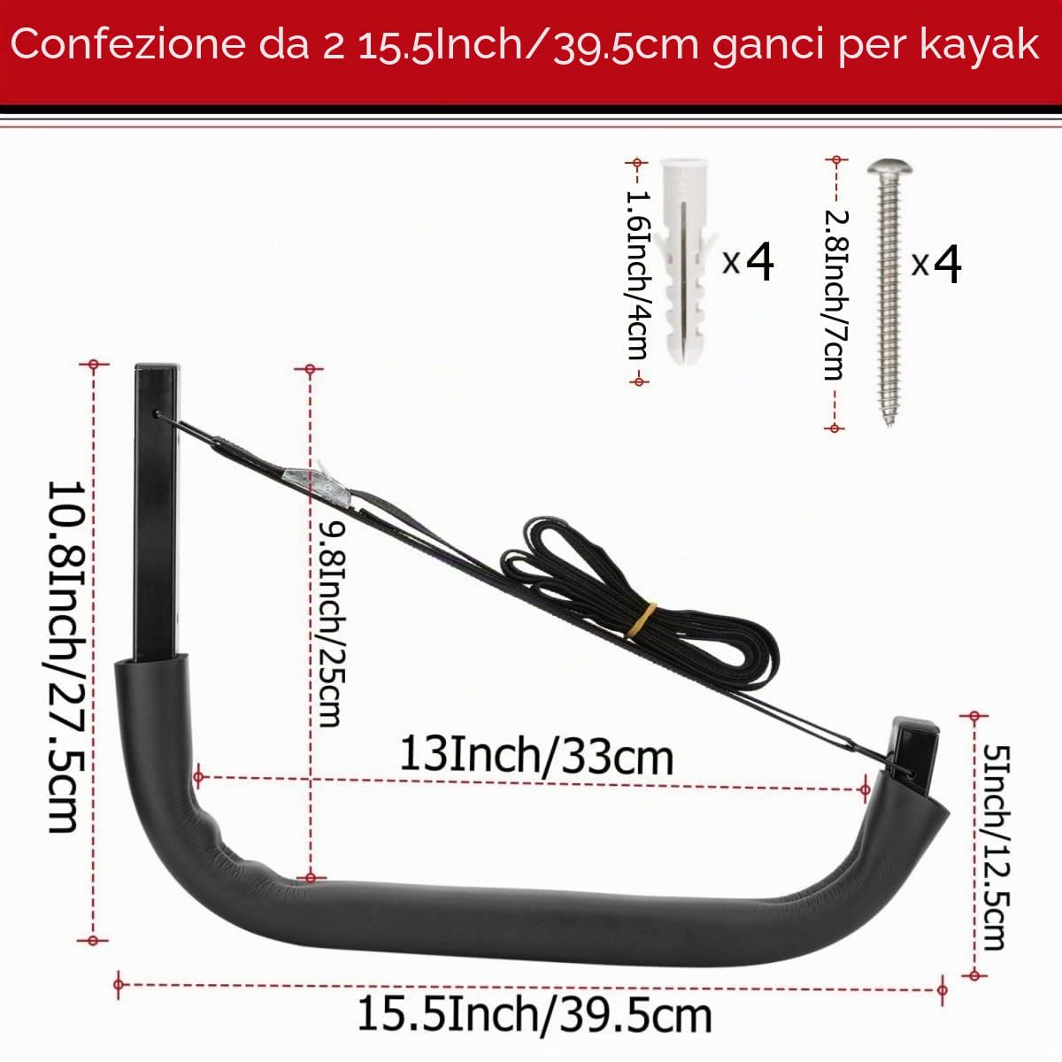 Ganci per Kayak Heavdace, Acciaio Inossidabile, 100% Acciaio, 38 cm, Montaggio a Parete, Resistente, Carico Massimo 68 kg (38 cm x 26,7 cm)