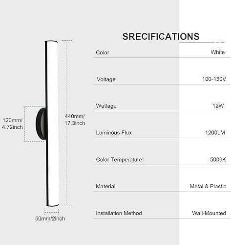 Miniatura 6 de OOWOLF Luz de tocador de baño, brillo ajustable de 12 W y 17.3 pulgadas, barra de luces LED de tocador de 1200 lúmenes, luz LED blanca natural de