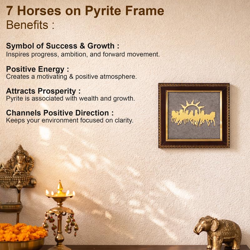 Image of 7 Running Horses Wall Frame with Rising Sun, Vastu Decor for Success, Power & Career Growth, Gold Wall Art