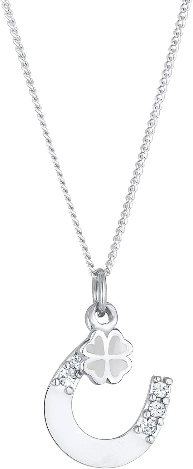 Elli, Women’s Necklace with Horseshoe, Clover Pendant, with Swarovski® Crystals in 925 Sterling Silver, Silver, Silver