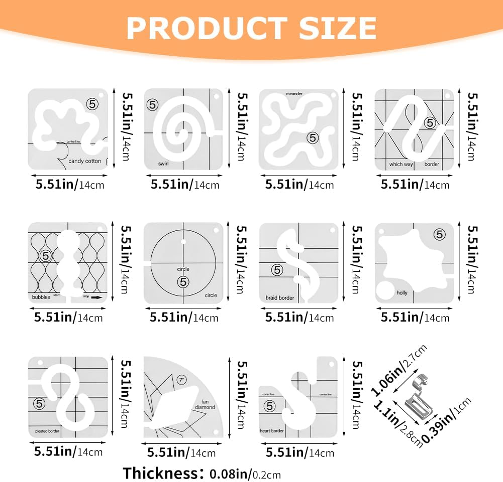 Free Motion Quilting Templates, Acrylic Quilting Template Kit, 11 Acrylic Stencils for Free Motion Sewing, Easy Complex Patterns, Beginner & Professional Q-uilting Supplies(Color:Clear)