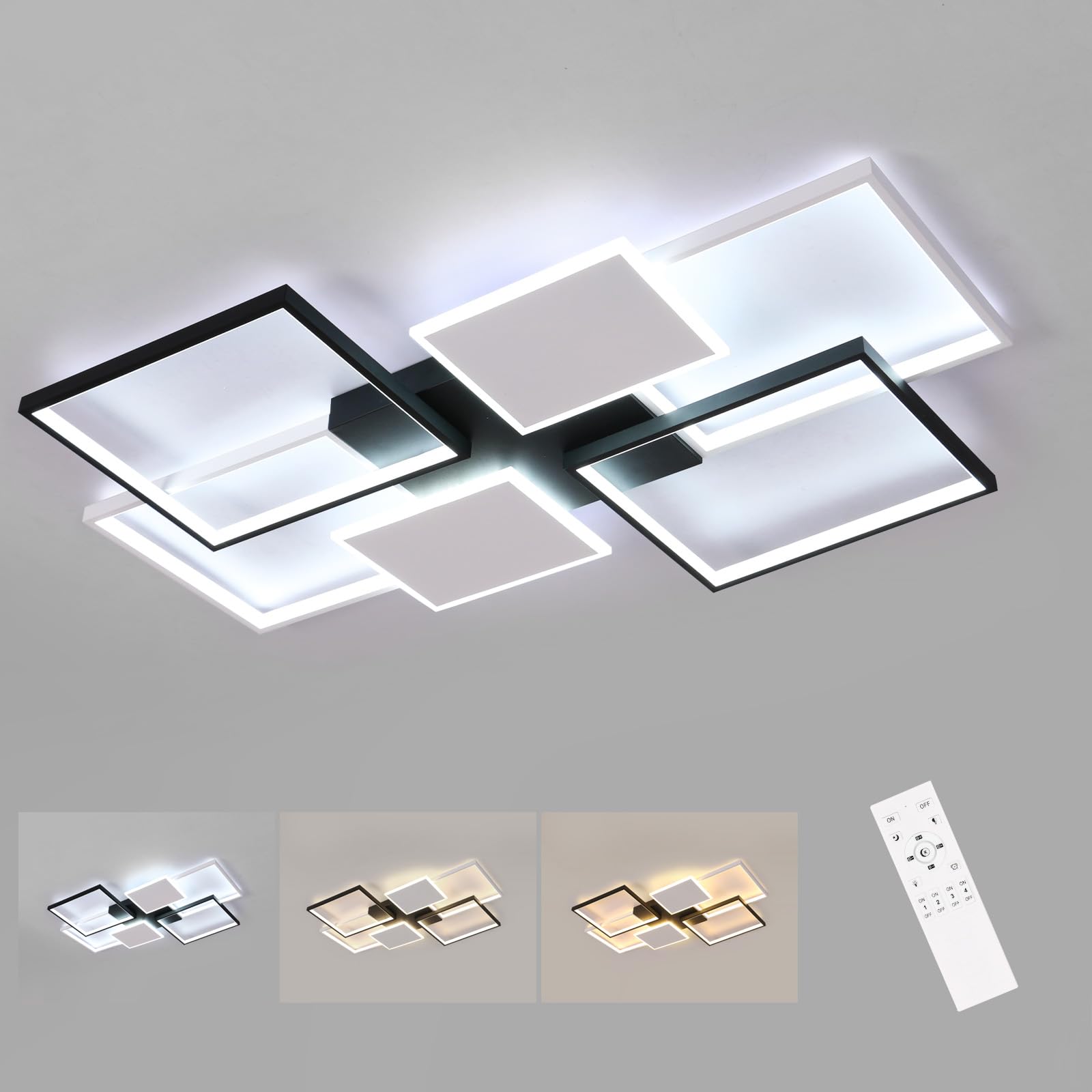 Plafoniera LED da Soffitto 110CM, 72W 8100LM Lampada Dimmerabile con Telecomando, 3000K-6000K, per Camera da Letto, Cucina, Soggiorno, Studio, Nero+Bianco