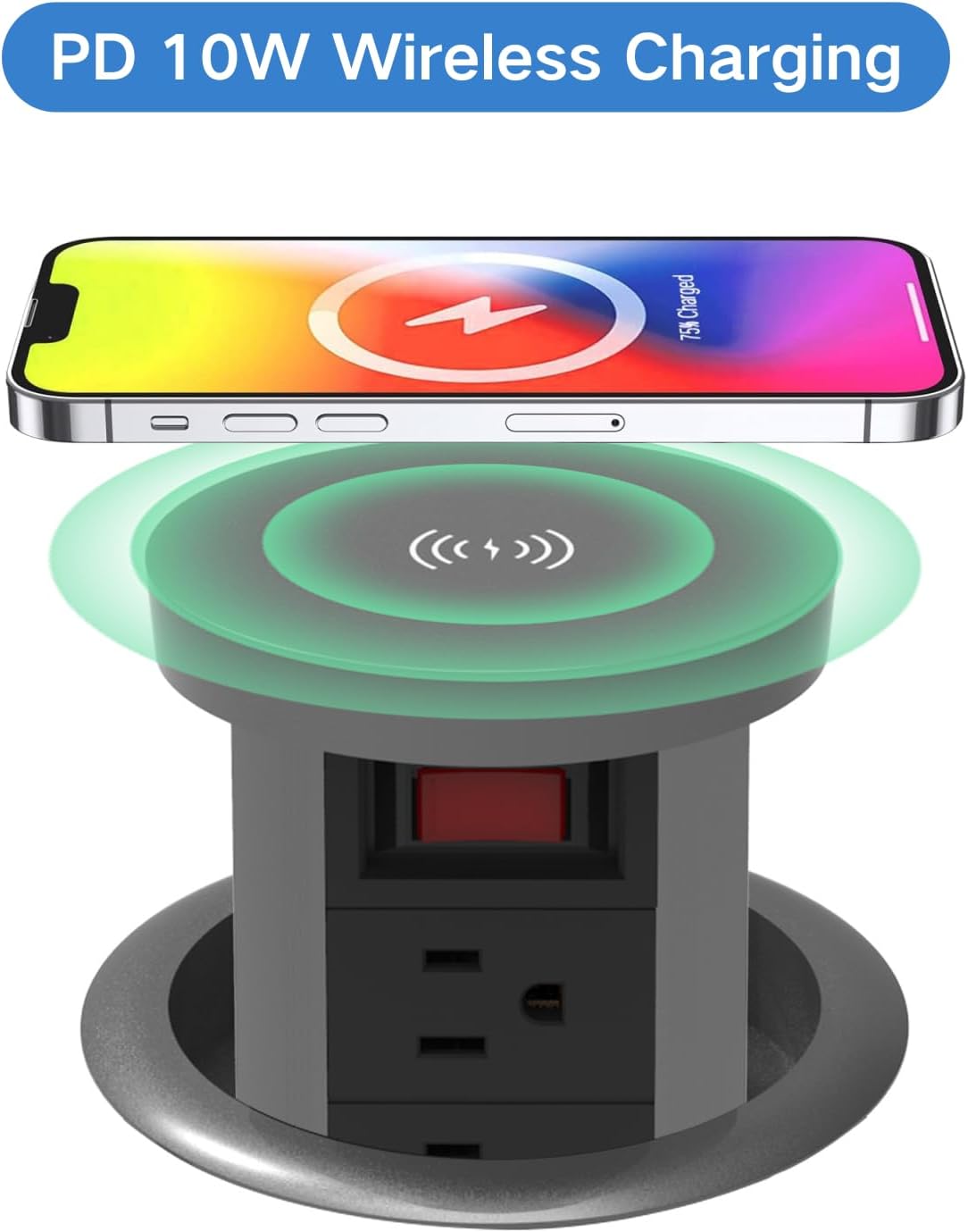Pop up Outlet for countertop 4.72in Desk Grommet Power Station PD20W USB C 4 Outlets 3 USB Ports 1 Wireless charger 15A Outlets Fast charging Space Saver Outlet for Kitchen Office 6ft Cord