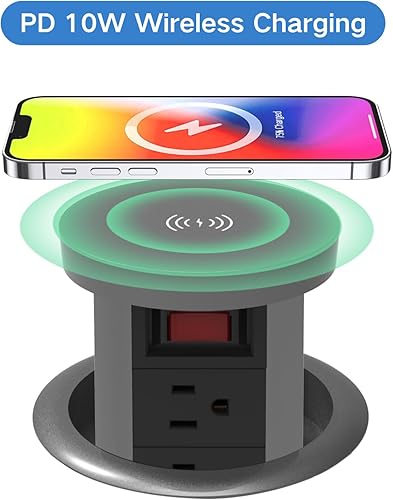 Miniatura 2 de Toma de corriente desplegable para encimera de 4.72 pulgadas con ojales de escritorio, PD20W, USB C, 4 tomas de corriente, 3 puertos USB, 1 cargador