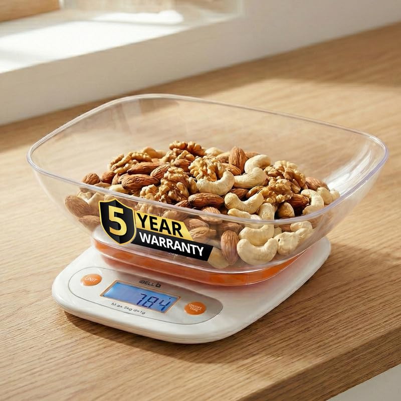 iBELL Digital Kitchen Weighing Scale for Health, LCD Display, High Precision Sensors, Tare Function, up to 5KG, Portable Food Weight Machine for Health, Fitness, Home Baking & Cooking - KS502 (Orange) - Amazon product rated Grade B