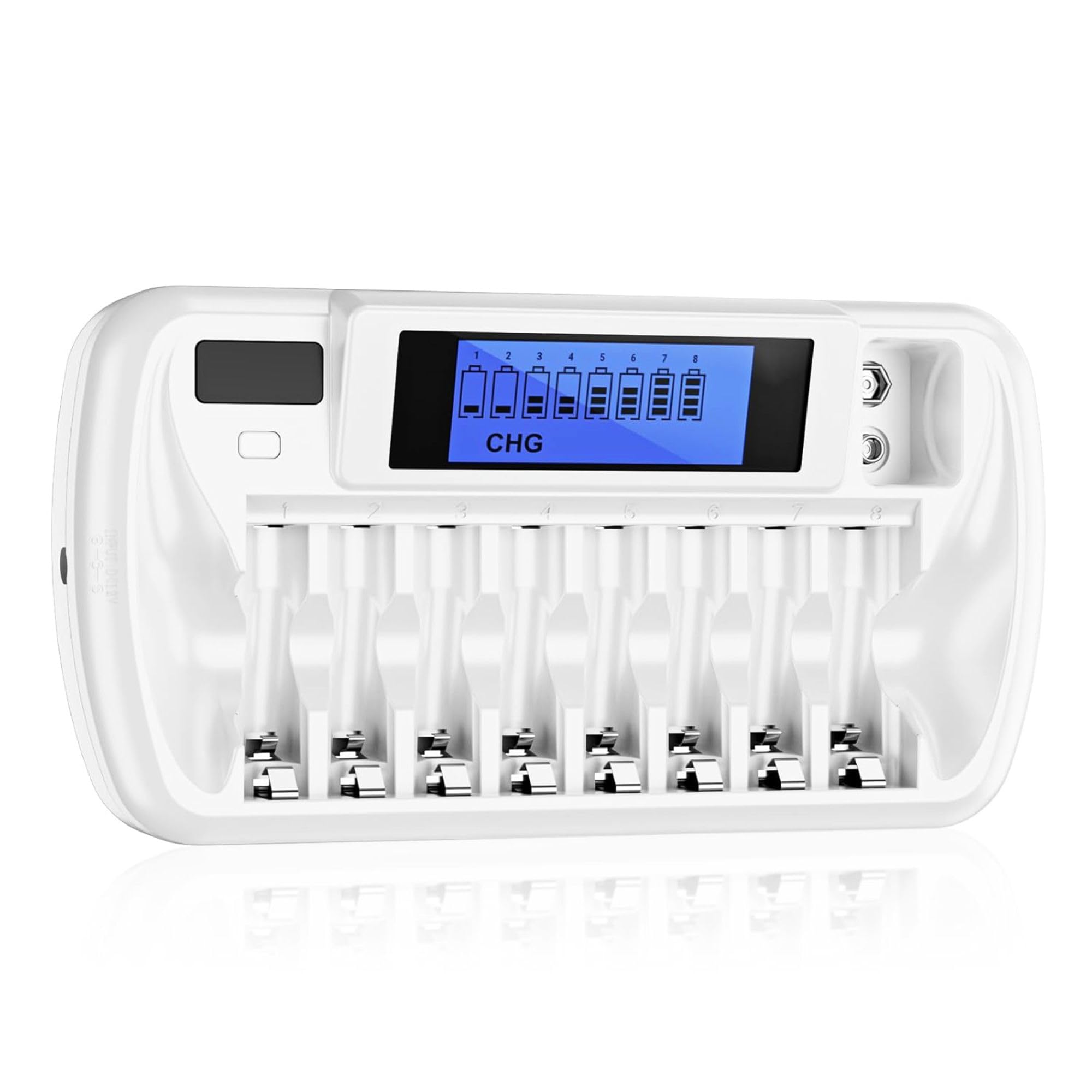 FOTOKINA 8 Cell Charger for Rechargeable Batteries with LCD Display - Smart Charger for AA, AAA NiMH/NiCd, Independent Slots, Overcharge Protection, Ideal for Home, Office, and Travel Use