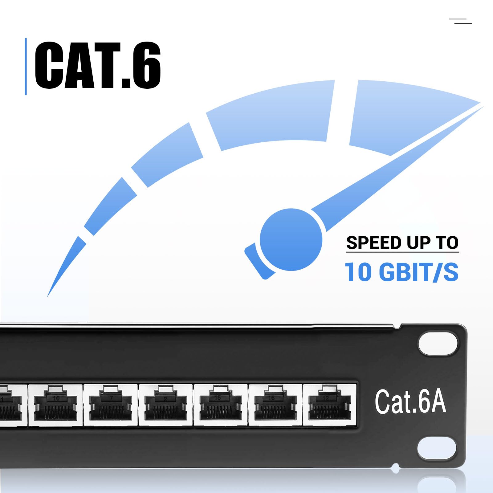 Pannello patch CAT 6a 24 porte schermato – Pannello patch da 19" per montaggio rack o montaggio server – RJ45 Patch field 19" compatibile con Cat5e Cat6 Cat6a Cat7 – 10 Gbps, nero