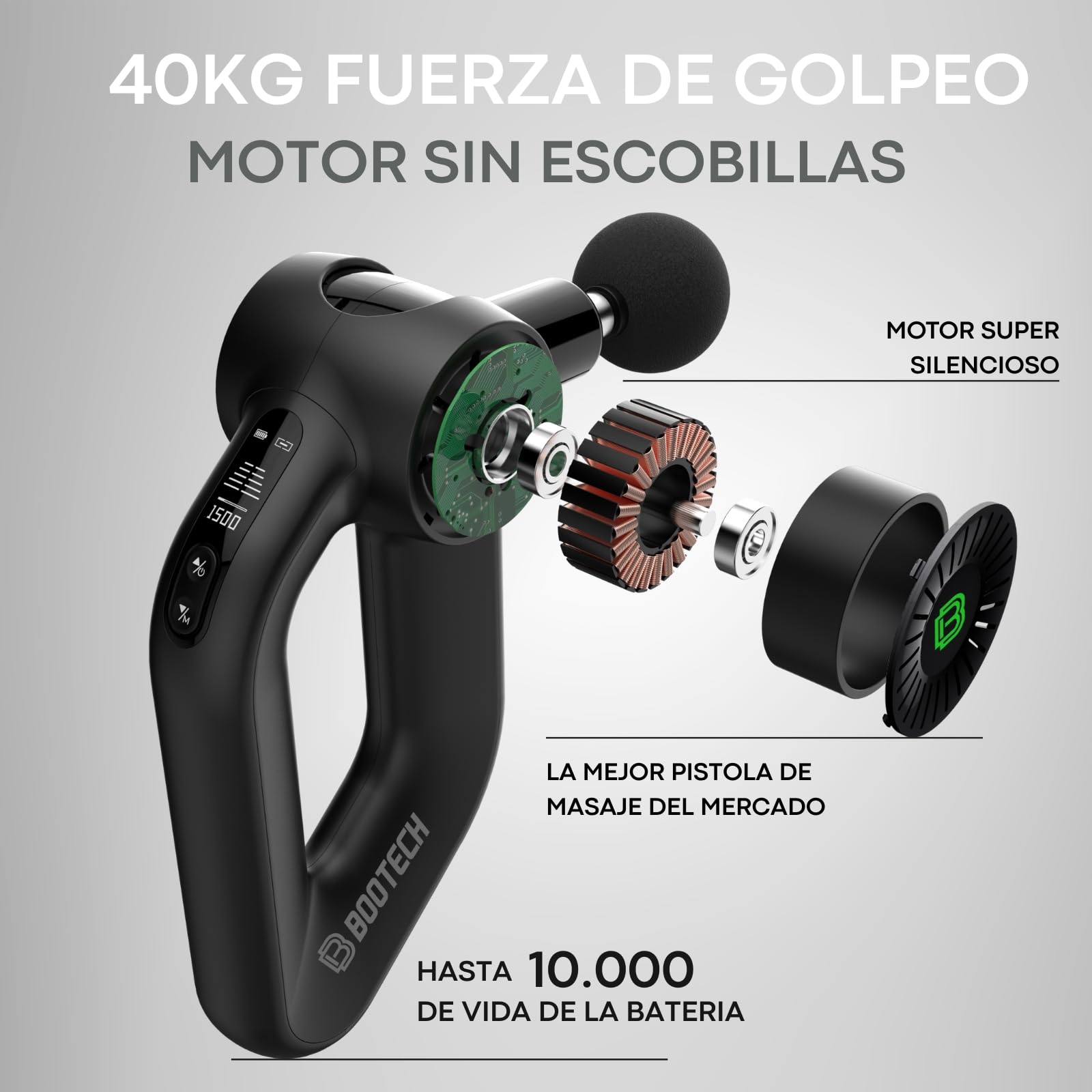 Bootech Pistola de Masaje Muscular con Calor, Masajeador Profesional de Tejido Profundo 16mm, Massage Gun para Atletas con 8 Cabezales, Alivio del Dolor Muscular
