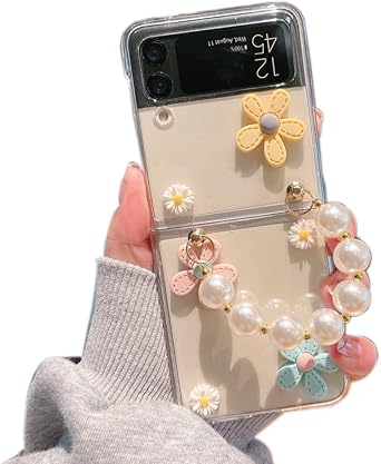 Fashion Flower Case for Galaxy Z Flip 4, Protective Girls Hard PC Clear Cover with Pearl Chain & Lanyard
