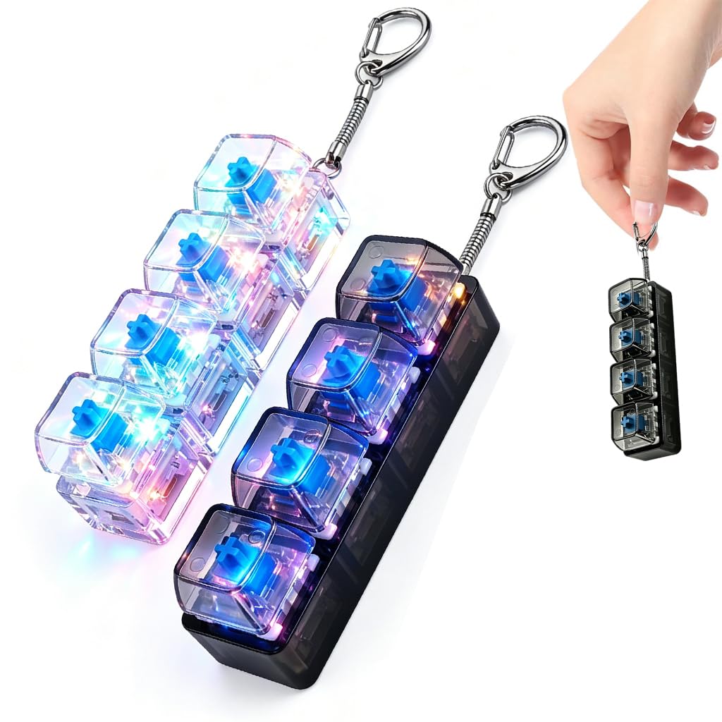 2Pcs Keyboard Fidget Toy, 4 Button Clicky Keyboard Fidget Toys with LED Light, Mini Keychain Funny Keyring for Adults, Stress Relief Decompression Gift for Office, School, Home