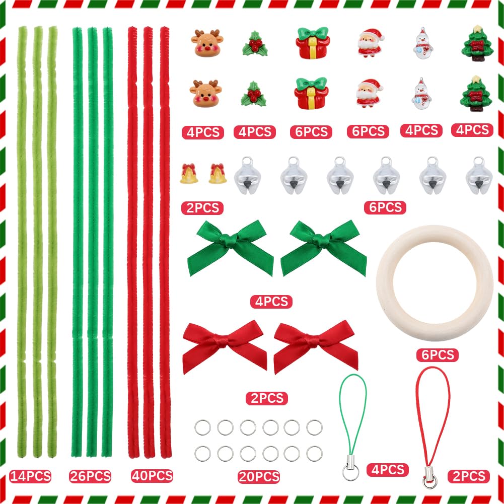 SUNNYCLUE 154-teiliges Weihnachtspfeifenreiniger-Bastelset mit Video-Tutorial in Rot und Grün, Chenille-Stiele, Glocke, Weihnachtsmann, Weihnachtsbaum, Cabochons, Mini-Kranz, Ornamente für