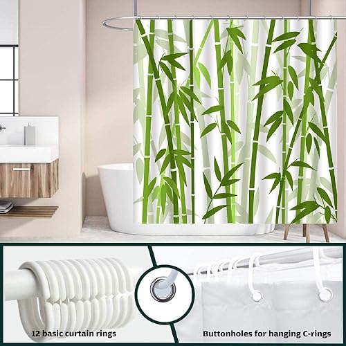 Miniatura 4 de Cortina de ducha de bambú verde, árbol del bosque japonés, arte rústico, naturaleza silvestre, planta escénica, acuarela, tela de spa fresca, juego