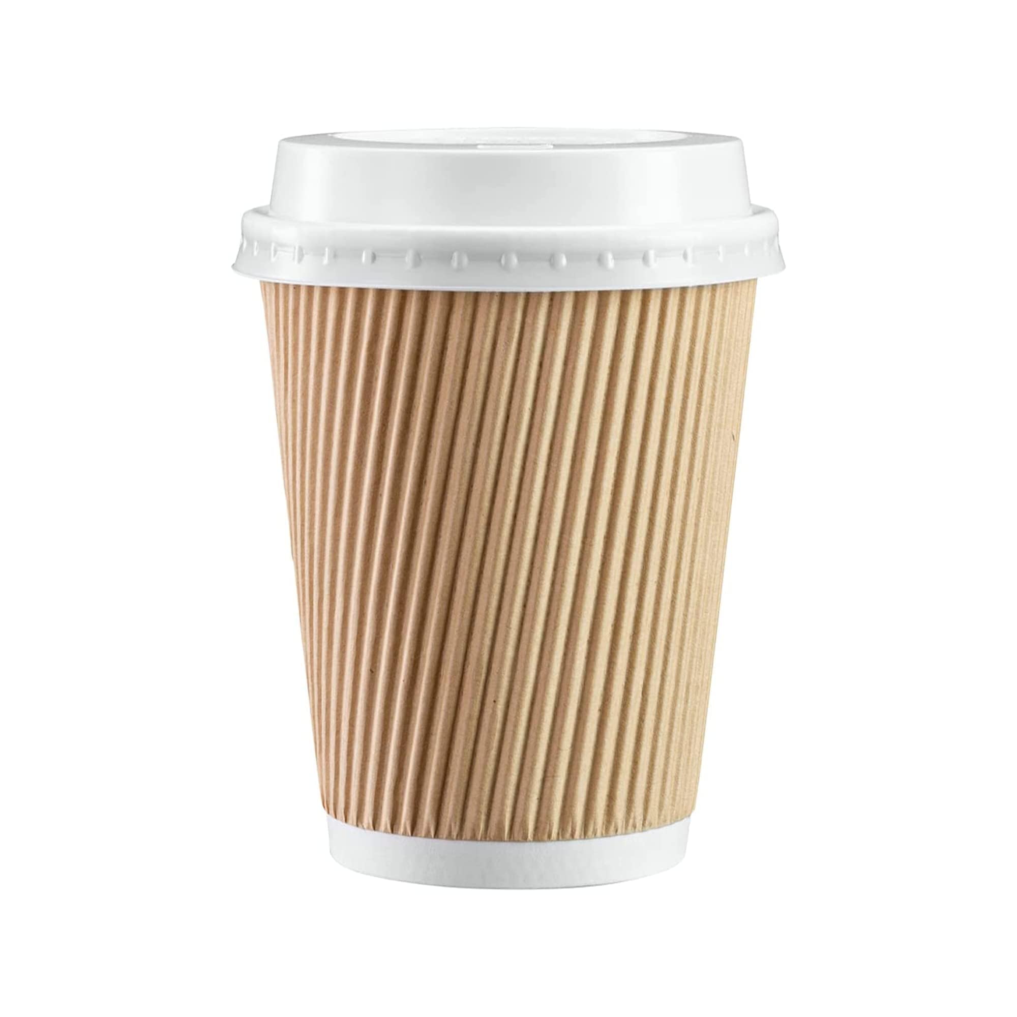 We Can Source It Ltd 100 x 16oz Ripple Brown Kraft Paper Cups - 3-PLY Disposable Insulated Coffee Cups with Secure White SIP Through Lids - Leak-Proof Durable Paper Cup for Tea, Coffee & Hot Beverages